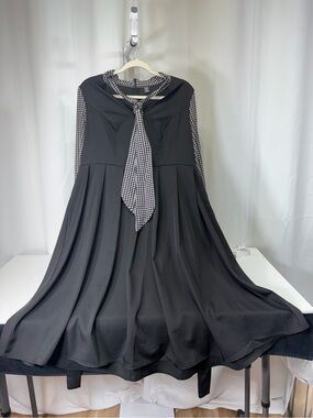 SHEIN Black Midi Dress with Houndstooth Tie 3545